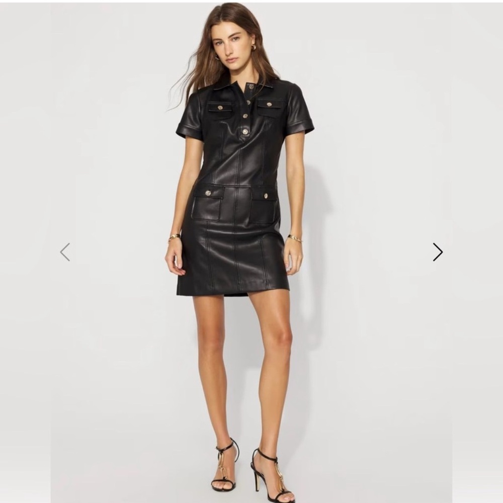 WHBM Black Short-Sleeve Faux Leather Dress size 6 NEW